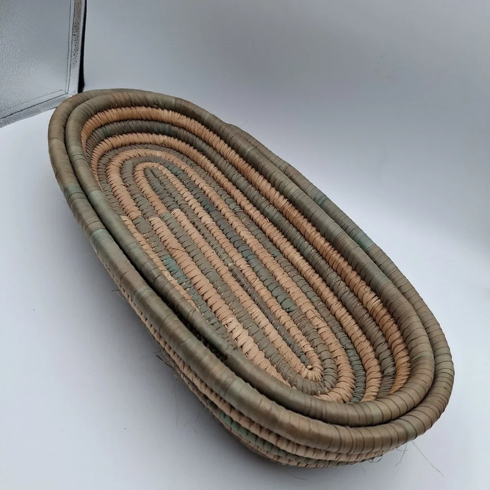 Set Of‎ 2 Hand Woven African Hausa Style Coiled Grass Nesting Baskets Green Tan